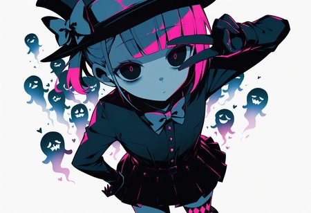 1girl,   hot pink hair,  asymmetrical hair,   blunt bangs,   flat chest,  curvy,  
BREAK dutch angle,  1girl, upper body, v over eye, from above,         
BREAK                  argyle, argyle legwear, asymmetrical legwear, bow, dress, ghost, halloween, top hat, (white background),      
BREAK general, (chiroron:1.0), (zhuxiao517:0.7), (tenpa \(tenpa2190\):0.7), (sakura hanpen:0.7), (monochrome, greyscale), horror \(theme\), high contrast, (dark theme:0.7), masterpiece, best quality, absurdres, highres, newest, <lora:ponyv6_noobV1_2_adamW:0.6>, <lora:Unstable_v1.0:0.4>