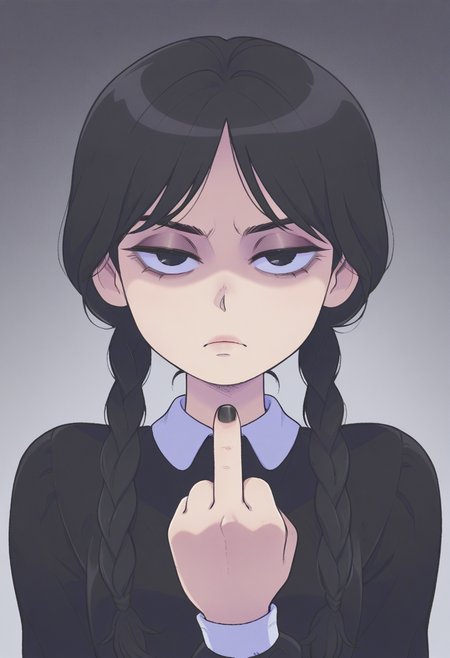 c4yf311style, masterpiece, best quality, solo,                                                                                                   wednesday addams, black hair, black dress, unimpressed, middle finger,