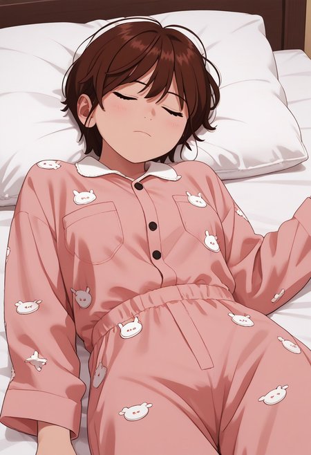 Masterpiece, Highest Quality, Score_9, Score_8_up, Score_7_up,
source_anime. anime style. masterpiece, highres, absurdres. Best resolution
anime screencap, song jiwoo. 1girl. brown hair. short hair. gray eyes. tomboy. bedroom. sleeping. closed eyes. Lying position. pajamas.