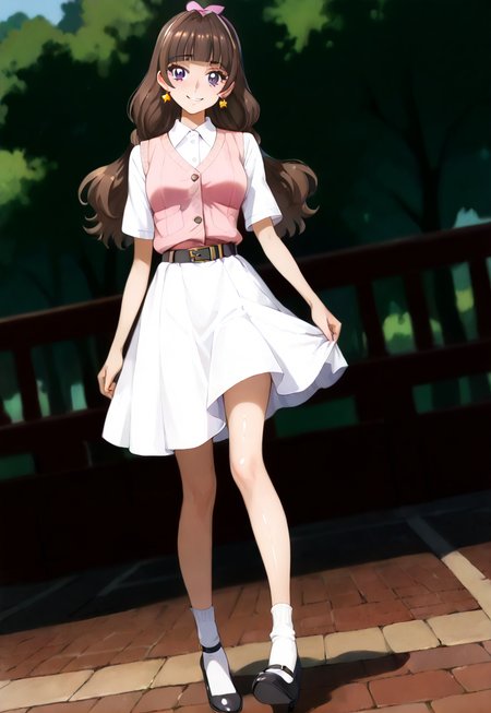 (score_9, score_8_up, score_7_up, score_6_up, score_5_up, score_4_up),
best quality,masterpiece,source anime,very aesthetic,absurdres,
1girl,solo,18yo,
break,
<lora:kirara.pony:1>, kirara, 
<lora:1018 Home wear 34_v1_pony:1>, ruanyi1018, black belt, collared shirt, pink vest, white skirt,
white socks, black high heel mary janes, 
break,
shiny skin,white skinned girl,shiny hair,large breasts,slim body,(sagging breasts:0.3),
blush, light smile,
detailed background,
outdoors, 
depth of field, dutch angle, full body,