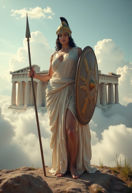 the most realistic, photorealistic photo ever taken [full body shot of a (greek goddess athena:1.5), (THICK  CALVES:1.5), dark hair, (wearing a Corinthian helmet:1.5) and a (revealing chiton:1.5), , holding a long spear IN HER RIGHT HAND AND A (SHIELD IN HER LEFT HAND:1.5), (standing in front of THE PARTHENON in the clouds:1.5), looking at the camera, a dream world shifting landscapes in the clouds, Captured with a Hasselblad X2D 100C and an 120mm f/1.4 lens, hyper-realistic textures, incredible realism, creamy bokeh, ultra-detailed textures, perfect lighting]