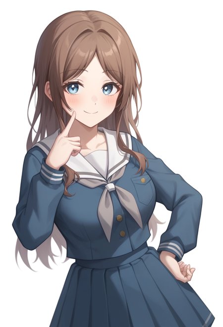 score_9,score_8_up,score_7_up,<lora:mygo_all_pony:1>,1girl, absurdres, arm_across_waist, blue_eyes, blue_shirt, blue_skirt, blush, breast_pocket, brown_hair, buttons, closed_mouth, commentary, grey_neckerchief, hand_on_own_hip, hand_up, highres, large_breasts, light_smile, long_hair, long_sleeves, looking_at_viewer, nagasaki_soyo, parted_bangs, pleated_skirt, serafuku, sidelocks, simple_background, solo, standing, tsukinomori_school_uniform, upper_body, white_background, white_sailor_collar