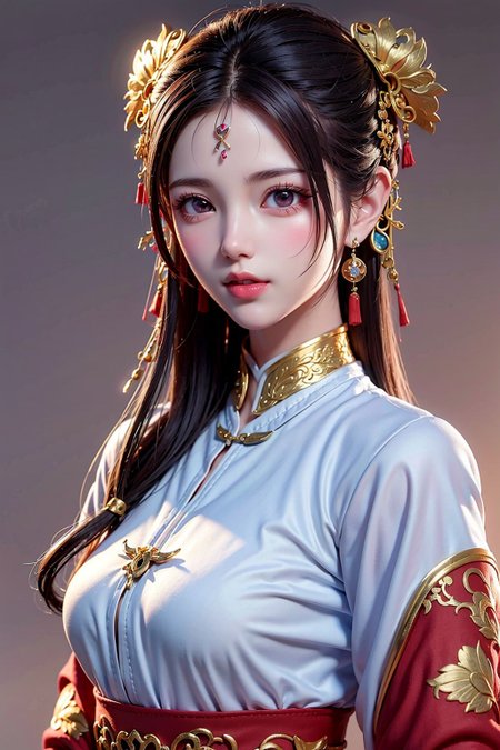 <lora:3loraGuofeng3Lora_v32LoraBigLight:0.5>,(best quality:1.3, masterpiece:1.3), ultra high res, (1girl, solo), atmospheric perspective, detailed face, upper body,  make up, pink lips, parted lips, shiny skin, (brown hair), very long hair, looking at viewer, red eyes, earrings, small breasts, slim body,(white silk) ,(((east asian architecture, riverside, beautiful background))), perfect lighting, (front lighting), physically-based rendering,