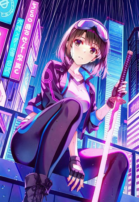 safe_pos, 1girl, misaki kurehito, katou megumi, Megumi,brown hair,kato megumi,brown eyes, short hair , medium breasts,solo, 
cyberpunk city, rooftop, night,  black leather jacket with neon blue trim, fingerless gloves, goggles on head, holding glowing katana, rain, neon lights, skyscrapers with glowing signs in the background, dynamic low-angle perspective, vibrant pink and blue lighting, futuristic atmosphere,
masterpiece,best quality,high quality,good quality,newest,(detailed eyes)