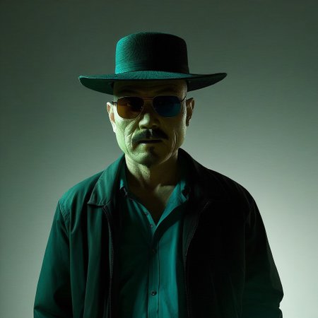 cinematic film still, 
saturated colors,  
negative space, 
1 adult Chinese man, 
(breaking bad style), face of Walter White, hat, moustache sunshades,
(solo male focus), 
leading lines, ray tracing,