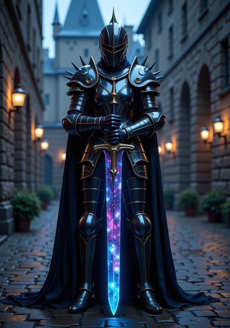 aidmaimageupgrader, ((they glow at night)), a high quality digital image of a woman knight wearing full heavy plate armour included helmet and face shield, the armour is as dark as eternity and seems to absorb light itself, the armour is stylised with sleek curves and a variety pf spikes on the shoulder pads and gauntlets, she is holding a greatsword, the greatsword is black as night and the blade is made of an intricately detailed galaxy, within the galaxy we see a variety of stars, nebulae and galactic dust detailed in bright and vivid colours, she is standing in a castle courtyard at midnight, they glow at night,