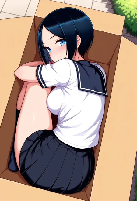 masterpiece, best quality, amazing quality, 1girl, solo, eriww, blue eyes, black hair, short hair, parted bangs, medium breasts, school uniform, serafuku, shirt, white shirt, short sleeves, black skirt, pleated skirt, <lora:Eri_Todo_Iitai_Koto_wa_ill_v21:0.9>, from behind, looking back, looking at viewer, cardboard box, in box, folded, tightly folded, outdoors, , skindentation, detailed clothing folds, depth of field, sharp, high contrast, dynamic light