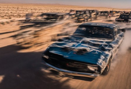 Creates an ultra detailed and realistic image taken by a drone, wide angle, of a race between 2 custom cars, created with parts from many muscle cars, with aerodynamic lines from 1972. The cars have tinted black windows. It is captured in motion with motion blur at full speed through a desert, daylight. Race between 2 cars. The photograph is captured with an Arri Alexa camera, with a zoom lens.
. <lora:Vintage Muscle Car SDXL:1>