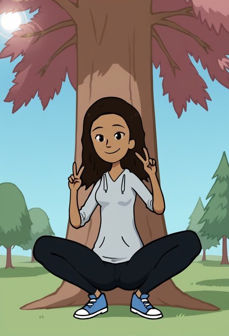 score_9, score_8_up, score_7_up, score_6_up, score_5_up, 
1girl, solo,
SBJennifer, 1girl, brown hair, long hair, dark-skinned female, black eyes, gray hoodie, black pants, blue footwear, medium breast, wide hips
BREAK, looking at viewer, squatting, legs spread, smile, v sign, BREAK outdoors, day, sunlight, sunbeam, blue sky, tree,