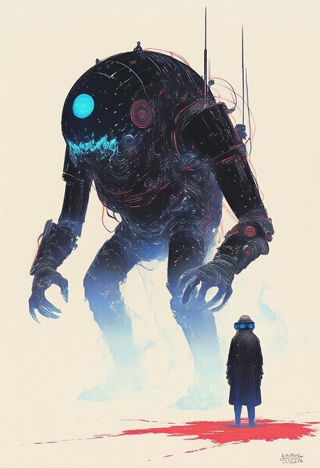 side view, dystipian white comic art style,A lone man, clad in a sleek, futuristic jacket, stands in an infinite white void, his posture tense as he gazes downward through high-tech VR goggles. Before him, a towering cybernetic robot looms—an intricate fusion of black metal and glowing blue circuitry, its steampunk-inspired design adorned with exposed gears, brass plating, and pulsating neon tubes. The robot’s piercing, luminescent eyes lock onto the man, its mechanical limbs exuding an eerie, otherworldly precision. The stark emptiness around them enhances the surreal atmosphere, the high-contrast lighting casting elongated shadows, while fine mist swirls faintly at their feet, amplifying the tension of this enigmatic encounter. Hyper-detailed, cinematic lighting, ultra-sharp textures, 8K UHD, moody sci-fi ambiance.