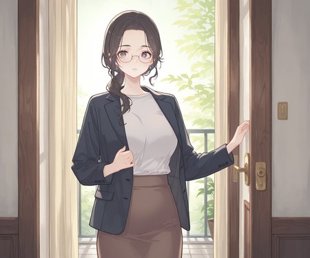 masterpiece, best quality, amazing quality, , 1girl,solo, shirt, jacket, skirt, looking at viewer, mature female,   <lora:dadaco style ILL-v2:1> dadaco, detailed background