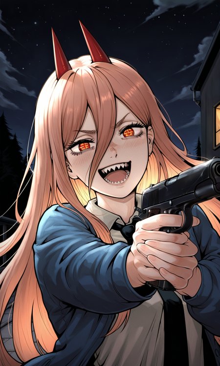embedding:IllusP0s, artist:moriimee, m1911a1, aiming, laughing, power_\(chainsaw_man\), dynamic pose, outdoors, night, 1girl, solo,<lora:m1911a1_ill.safetensors:1.0:1.0>