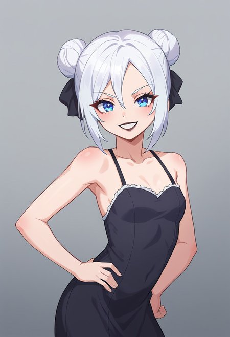 score_9, score_8_up, score_7_up, masterpiece, best quality, detailed face, detailed eyes, bbka_style, 1girl, solo, slim, delicate features, sensual glare, smile, pale skin tone,  blue eyes, makeup, dark lipstick, regal dressing, fur trimmed black dress, white hair with two buns, (hands down), BREAK hand on hip, half-sideways view, medium shot, BREAK simple background