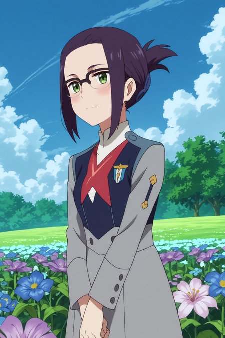  ikuno,1girl,solo,glasses,short hair,uniform,military_uniform,military,folded ponytail,v arms BREAK outdoors,blue sky,cloudy_sky,purple flower,flower field  <lora:Ikuno_-_Darling_in_the_franxx.safetensors:0.8> <lora:detailed_backgrounds_v2.safetensors:0.5>