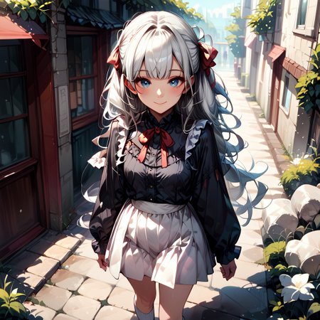 score_9, score_8_up, score_7_up, score_6_up, 
a beautiful anime girl with long white hair and long black dress standing in a stone archway, 1girl, solo, blue eyes, long hair, long sleeves, white socks, smile, black hair, white skirt, socks, blush, looking at viewer, outdoors, ribbon, skirt, frills, shirt, black shirt, closed mouth, red ribbon, bangs, day, standing, hair ribbon, kneehighs, from above