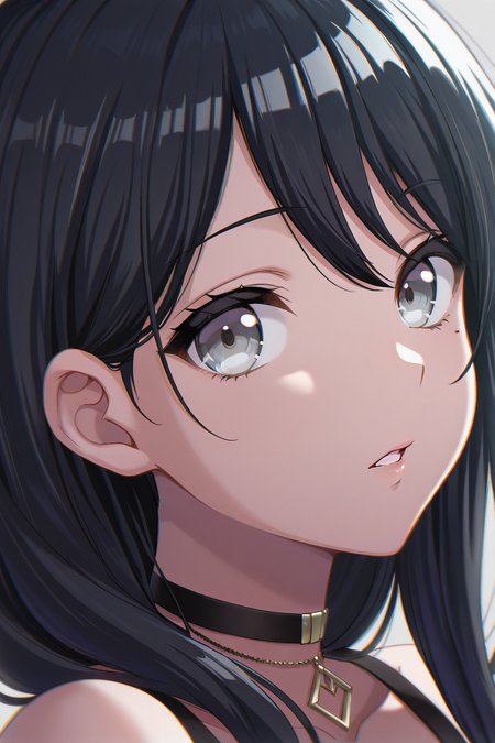 masterpiece, best quality, amazing quality,
 <lora:Toka_IL:1> toka, 1girl, solo, black hair, mole, portrait, long hair, bangs, mole under eye, parted lips, chromatic aberration, choker, grey eyes, looking at viewer