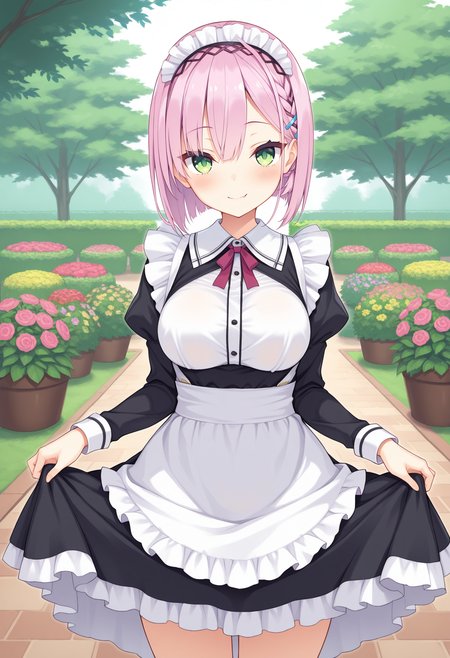 1girl, aaamane, pink hair, short hair, braid, hairband, hair ornament, hairclip, green eyes, fang, breasts, <lora:tanikaze_amane_ilxl_v1:0.9>, standing, cowboy shot, maid, maid headdress, garden, skirt hold, curtsey, smile,
masterpiece, best quality, amazing quality,