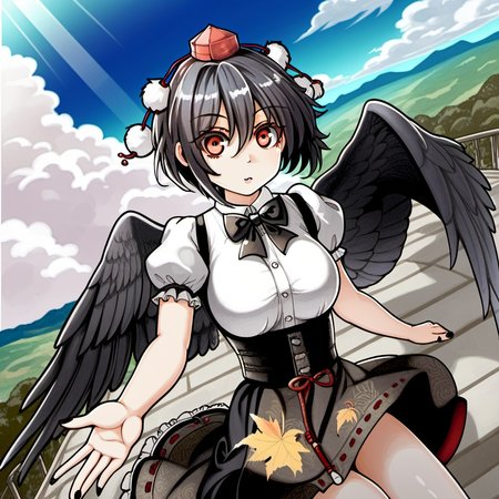 1girl, shameimaru aya, by kodoto, above clouds, bare legs, black bow, black bowtie, black hair, black nails, black skirt, black wings, blue sky, bow, bowtie, breasts, camera, cloud, day, feathered wings, feet out of frame, glint, hair between eyes, hat, holding, holding camera, leaf print, light rays, looking at viewer, medium breasts, miniskirt, nail polish, outdoors, outstretched arm, petticoat, pom pom (clothes), puffy short sleeves, puffy sleeves, red eyes, shirt, short hair, short sleeves, signature, skirt, sky, solo, tokin hat, white shirt, wings,