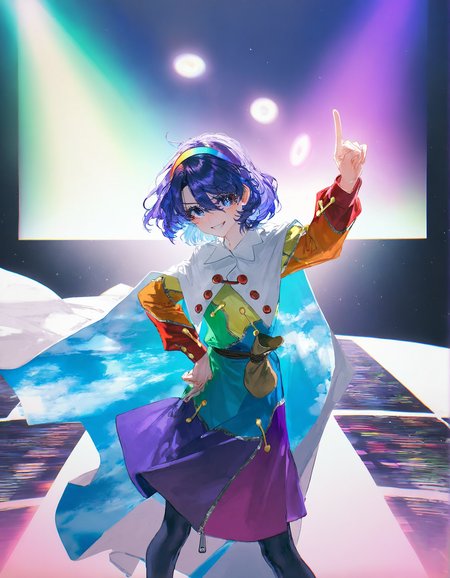 tenkyuu_chimata, 1girl ,rella, quasarcake:0.7, rolua, optical illusion, negative space, saturday_night_fever,blue_hair, breasts, cape, hairband , looking_at_viewer ,multicolored_hairband, pantyhose, purple_eyes ,short_hair ,smile, solo, sweat ,white_cape, disc,  disco,CDs, arm_up , index_finger_raised, outstretched_arm , dance_floor, dancing,wide shot, one hand point to sky one hand point to the ground,hand_on_own_hip,
<lora:illustrious_noobai_epsilon_pred_1_best_quality_v1:0.7> ,<lora:illustrious_noobai_epsilon_pred_1_masterpieces_v1:0.7>, <lora:ponyv4_noob1_2_adamW:0.5>, <lora:add_details_xl:0.7>, <lora:CDs_SDXL:1>,
masterpiece, best quality, amazing quality, very aesthetic, absurdres, newest,
