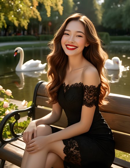 In a vibrant, late-afternoon sunlit park, a stunning woman named N4NCYJMM with long, wavy brown hair cascading over her shoulders and captivating black eyes that sparkle with warmth, is gracefully seated on a weathered wooden bench. The camera, positioned at an elevated angle from behind the bench, captures her profile in a three-quarter view. Her lips are painted a bold, striking red, matching the cherry-red petals of a blooming rosebush nearby. She sports a stylish, form-fitting black dress with intricate lace detailing, paired with black heels that reflect the sunlight like polished gems. Despite the serene surrounding, she exudes an air of quiet confidence and radiant happiness, her closed mouth curving into a genuine smile that lights up her entire face. The background details include a picturesque pond with swans gliding gracefully, the tall, leafy trees swaying gently in the breeze, and children laughing as they play on a nearby jungle gym, all adding to the idyllic setting of this captivating moment.