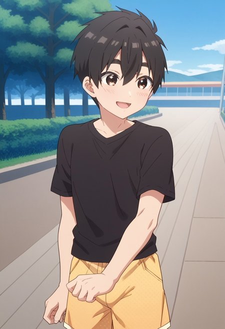 score_9, score_8up, 1boy, solo, smiling, outside, park, clapping, rentarou_aijou, black hair, brown eyes, short hair, hair between eyes, bangs, fishnet shirt, yellow shorts, polka dot shorts, dic style, vintage, cartoon