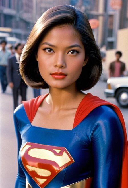 1980s Supergirl film costume, youthful raven-haired Filipino Supergirl, facing forward, shiny voluminous smooth straight side-parting short bob haircut, Supergirl film 1980s, ultra-realistic photo, Hyperdetailed photography, sharp focus