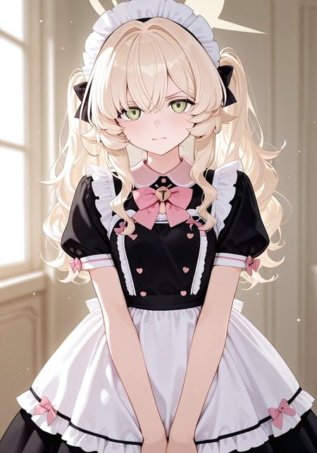 Beautiful detailed girl, Lovely face, Delicate detailed eyes, Diamond and glaring eyes, Subject featured prominently, Light particles, Depth of field,Masterpiece, Extremely detailed CG unity 8k wallpaper, Best quality, Illustration, Artbook, Intricate detail, Unity Creations, Game CG, Finely detail, Amazing, Highres,Solo, Female focus, source_anime,sts-foreshortening-v2,

professor niyaniya \(blue archive\),(alternate costume, alternate hairstyle, maid dress, pink bow, frills, short sleeves, maid headdress:1.3),

score_9_up,score_8_up,
1girl,looking at viewer, 

