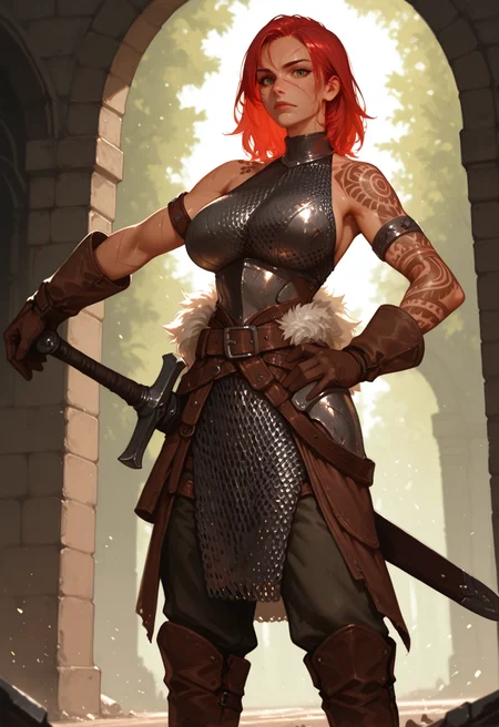 1girl, weapon, sword, solo, gloves, armor, brown gloves, red hair, breasts, full body,  hand on own hip, tattoo, belt,  armlet, boots, green eyes, standing, bare shoulders, short hair, large breasts, sheath, looking at viewer, fur trim, holding, holding sword, shoulder tattoo, holding weapon, scar, scar on face, sheathed, pants, arm tattoo, chainmail dress, brown footwear, medium hair, hand on hilt, outdoors, blacksmith, anvil, grindstone, halterneck,, masterwork, masterpiece, best quality, dynamic lighting , dynamic pose,,  dynamic angle, , , (realistic:1.2), (lineless:1.2), detailed, <lora:Detailer_NoobAI_Incrs_v1:1>, , aged up, adult, depth of field, dynamic lighting, blurry, cheekbones,