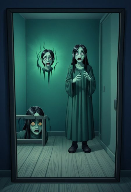 The Shining film style: above average horror tension, Jack and ghostly woman, seduction, deception, transformation, room 237, mirrors, eerie silence
building suspense, shock, psychological tension