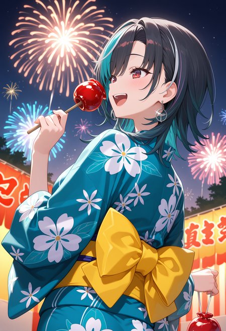 best quality, masterpiece, 1girl, aachihaya, medium hair, multicolored hair, black hair, earrings, red eyes, <lora:rindo_chihaya_ilxl_v1:0.9>, night, summer festival, outdoors, yukata, floral print, from behind, smile, laughing, fireworks, holding candy, candy apple, solo,