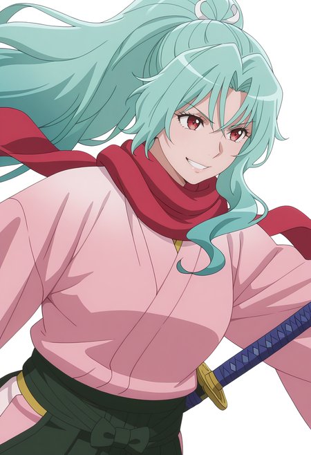 Smooth Quality,masterpiece, ultra realistic,
simple background, white background, 
dynamic angle,grin,wind, 
 <lora:Tomoecnn:0.8> sofia/cnn, 1girl, long hair, scarf, ponytail, red eyes, japanese clothes, katana, green hair, very long hair,