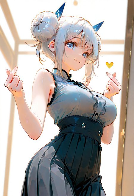 masterpiece, ultra-HD, very aesthetic, 8K, high detail, depth of field, score_9, score_8_up, score_7_up, score_6_up, perfect anatomy, no distorted limbs, accurate anatomy, best quality, (anime:1.2), 
BREAK
(1girl, long white hair, lightning-shaped hair accessory, double bun ponytails, pale blue eyes, medium breasts, wearing sleeveless grey maid top with buttons, black long skirt, no maid decorations, hands making finger heart gesture, gentle smile, confident pose), 
BREAK
(side profile perspective, side view, viewer at waist level, side profile, head looking the viewer, look at viewer), 
BREAK
(pure white background), 
BREAK
(soft lighting:1.1, warm golden glow:1.2, vivid colors, high contrast, emotional atmosphere, healing vibe, detailed background, warm sunset tones), perfecteyes, NEGATIVE_HANDS, ruanyi1229