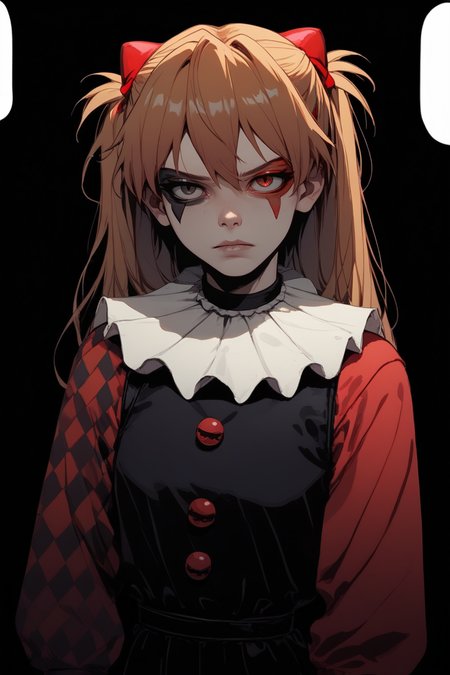 score_9, score_8_up, score_7_up, 
<lora:Muff_PDXL-000000:1>, 1girl, split-color hair, half red half black color hair, two colors rhombic makeup, solo, 
souryuu asuka langley, 1girl, neck ruff, ruffled collar, two colors argyle sleeve, red sleeve, black romper, 
cowboy shot, adult girl, 21 y.o., teen, <lora:Sinozick_Style_XL_Pony:1> sinozick style, dark theme, flat color, black background,