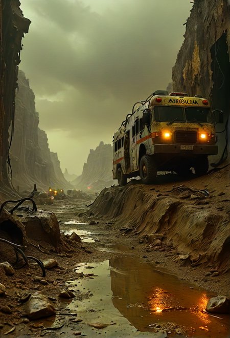 ooh hoo, what a hellish ride with the ambulanceia diabolicus trough this hell-hole of a demon infested wasteland, atmospheric, eerie, <lora:- SDXL - AI-Breaker_V3.5:0.8>