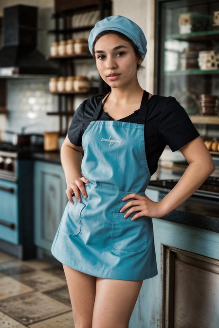 <lora:LCM_LoRA_Weights_SD15:1>,<lora:detail_slider_v4:1.2>,(vivacious baker) 23year old adult (Women:1.3), Thigh Gap:1.3, Medium body build, short hazel Hairs, messy bun haircut, , russian, ebony  skin, wearing a baker hat, light blue t-shirt, apron, skirt, clogs, oven mitts, set in Bakery Shop, Sweet Treats Section, vibrant area with glass cases filled with colorful pastries, a counter with jars of cookies, shelves with cakes and cupcakes ,(full body:1.3),(full shot:1.3),(wide shot:1.3),(full body portrait:1.3),front view:1.1,black and white photography, timeless elegance, classic aesthetic, dramatic contrasts, emphasizing shapes and textures, evoking nostalgia, focusing on light and shadow, monochromatic storytelling, capturing mood and emotion, artistic expression, minimalist compositions, conveying depth and atmosphere, timeless beauty,