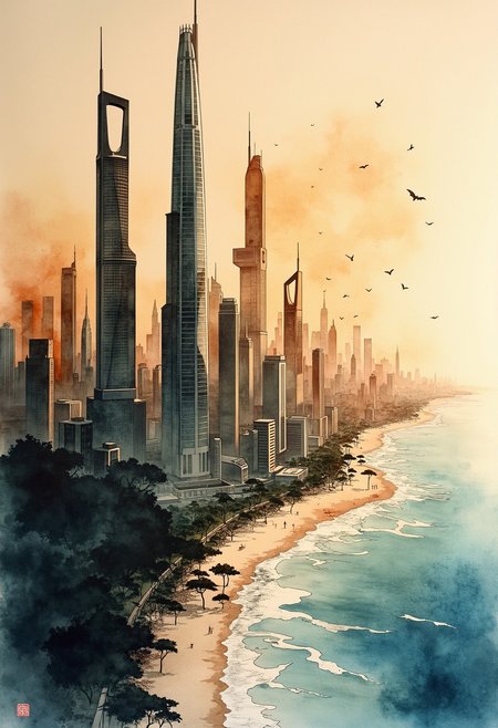 A sweeping coastal cityscape unfurls across delicate rice paper, painted with expressive ink splashes and translucent watercolor washes. The skyline bristles with ultramodern skyscrapers—sleek, asymmetrical, and luminescent—rendered in layered tones of rich sepia, burnt henna, and jet ink. clear, gradient sky, diffused into the paper’s fibers. This piece blends classic East Asian ink painting aesthetics with futuristic precision—think Hokusai meets Syd Mead. Lighting is soft but radiant, as if internal energy pulses through the city’s veins. Emphasize broad brushwork, chaotic ink bursts, and delicate tonal transitions