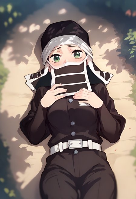 score_9, score_8_up, score_7_up, source_anime, masterpiece, 1girl, ctiankakushi, green eyes, medium breasts, black headwear, mouth mask, black uniform, white belt, black pants, lying, ground, looking at viewer, outdoors, forest, depth of field, blush, close-up,  <lora:Kakushi_Pony_ct:1>