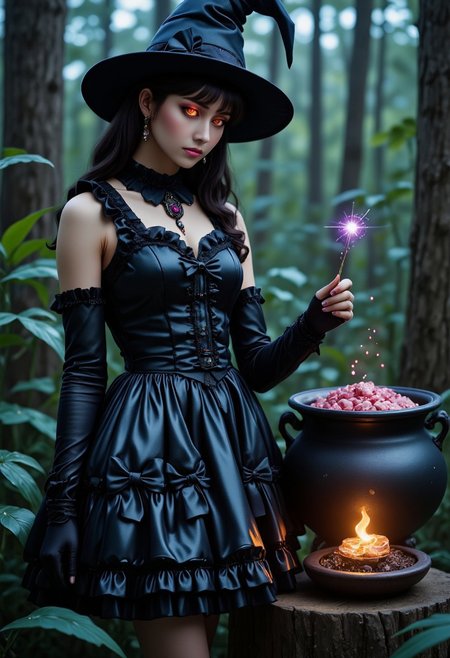 Professional cinematic highly detailed, CGI-rendered digital artwork depicting a beautiful witch wearing glossy frilly padded latex dress decorated with many bows and frills. Her long straight dark hair is decorated with many bows and witch themed accessories. She is also wearing long latex gloves and cute high heeled mary janes. She is standing next to a cauldron in a dark forest and staring at the viewer with glowing eyes.
sweetegl, sweetop, swe3tjsk, bl0use, C0NTR4CT0R,
witch, (latex:1.2), gothic, night, glossy, shiny gleaming oily fabric, dark forest, witch cauldron, dark fantasy,
(shiny glossy latex clothing, gleaming oily latex fabric:1.1)