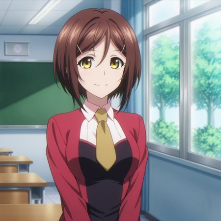 nsfw, masterpiece,best quality,amazing quality,1girl,solo, strike_the_blood_yuiri_haba, standing, smile, brown hair, hair ornament, necktie, short hair, hairclip, yellow eyes, hair between eyes, looking at viewer, red jacket, shirt, yellow necktie, long sleeves, white shirt, bangs, indoor, school,  classmate, class, <lora:Yuiri_Haba_-_Strike_the_Blood:0.7>