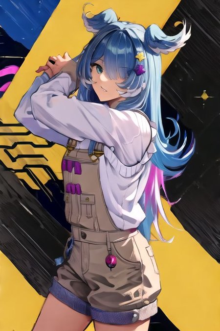 solo, 1girl, solo_focus, (((masterpiece))), ((best quality)), ((ultra-detailed)), high resolution, absurdres, highres, ultra-detailed 8k unity wallpaper, 
elira1st, long sleeves, overalls, white sweater, off shoulder, grey gloves, one eye covered, overall shorts