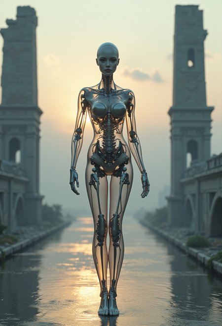 A masterpiece of (outstanding) style created by the collaboration of Edward Burne-Jones and Hajime Sorayama.    Imagine a photograph that captures the essence of both Edward Burne-Jones's ethereal, dreamlike style and Hajime Sorayama's futuristic, robotic aesthetics in perfect harmony. The scene is set against a soft, pastel-colored sky at twilight, with a gentle golden light casting long shadows.The main subject is an intricate, lifelike female figure standing gracefully on a moonlit bridge. Her form is fluid yet precise, reminiscent of Burne-Jones's flowing lines and ethereal elegance. The woman's body appears semi-transparent, allowing her internal machinery to be subtly visible through her skin. This blend of classic beauty with advanced technology creates an otherworldly scene.The figure’s face has large, expressive eyes that seem to peer directly into the viewer's soul, adding a hint of Sorayama's signature gaze and intricate facial features. Her limbs are elongated and graceful, yet with subtle mechanical joints and gears visible at key points, giving her an almost supernatural elegance.In the background, the bridge stretches out over a serene, moonlit lake with ripples that reflect the soft, glowing light. On either side of the bridge, towering silhouettes of ancient, crumbling architecture suggest a blend of classical and futuristic elements. A faint digital haze in the background adds to the surreal, dreamlike quality.The angle of the photograph is slightly from above, looking down at the figure from a perspective that emphasizes her elegance while also highlighting the intricate details of both her organic and mechanical components. The composition is balanced with the bridge framing the scene, leading the viewer’s eye through the image towards the horizon.This unique perspective not only showcases the collaboration's artistic vision but also creates an visually impactful and emotionally engaging photograph.    HD32K, hyperdetailed, best quality, aidmaMJ6.1.