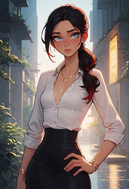 safe_pos, score_9, score_8_up, score_8, 1girl, solo, perfect face, light blue eyes, boot heels, formal white shirt, black skirt, cowboy shot, small breasts, long black hair, red highlights, elegant ponytail, bracelet, necklace, parted bangs, shy, sweet, hand on hip, volumetric lighting, cinematic lighting, blurry background, close up
