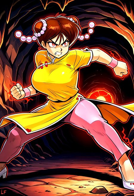 masterpiece, best quality, amazing quality, very aesthetic, absurdres, newest, larffl3, 1girl, tall, large breasts, double bun, hair pearls, short brown hair, yellow china dress, single pink wristband, glowing red eyes, pink pants, white pumps, inside cave, angry, scowl, clenched teeth, fighting stance