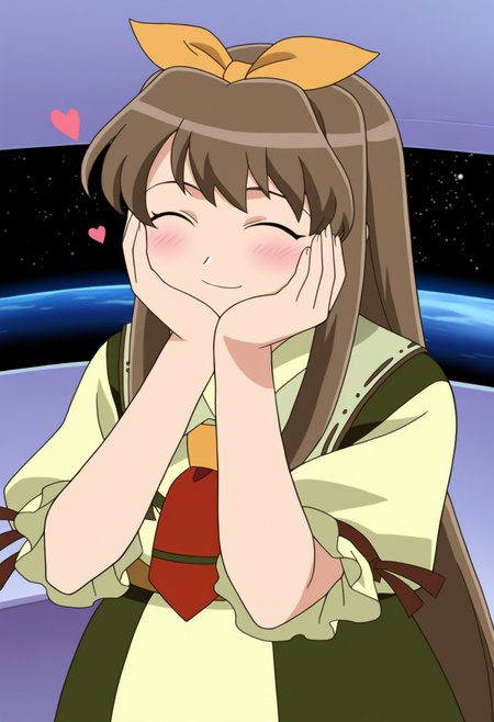 masterpiece, high quality, highres, newest, absurdres, 
1girl, ezra vieil, solo,closed eyes, ^_^,smile, ezra outfit, long hair, bangs, brown hair,closed mouth, standing, hair bow, indoors, space, portrait, hands on own cheeks, happy, blush,