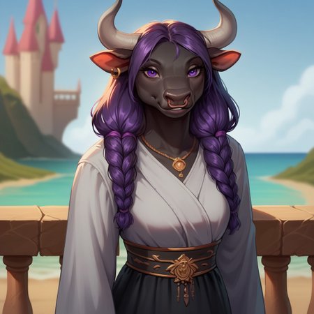 (((detailed, beautiful, high quality))), score_9, score_8_up, score_7_up, solo, portrait,
minotaur, furry,
1 girl, female focus, purple eyes, black skin, dark purple hair, pigtails, long hair, gray horns, gray robe, black skirt, 
(looking at viewer:1.2), posing, smiling, 
castle balcony, sea, fantasy background, blurred background,