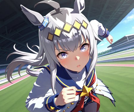 masterpiece, best quality, amazing quality, , 1girl, solo,  racetrack, running,  <lora:Oguri Cap in game style 3D ILL-v2:1> ummsmingame, 3d, oguri cap \(umamusume\),
