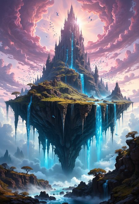 hyper realistic Surreal photograph of A floating island covered in ancient ruins, with waterfalls cascading from its edges, each waterfall transforming into flocks of birds as they fall into the mist below. The sky above the island is a swirl of pink and purple clouds, glowing with the last light of dusk,
bokeh, masterpiece,high quality, professional photography, film grain, hyper detailed, surreal,  <lora:flux_realism_lora:0.7> <lora:fluxenhancer:0.2> <lora:Aura_Flux:0.3> <lora:artilands:0.8>