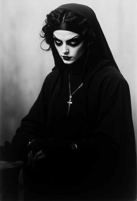 Black and white, scary nun, evil priestess, mythp0rt, ArsMovieStill, 20s Silent Movie Still