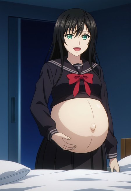 best quality, masterpiece, 4k, perfect lighting, very aesthetic, anime, anime coloring, official art, anime screencap,
OverallDetail, fFaceDetail, 
bedroom, happy, huge pregnant belly, hand on belly,
Kiriha, black hair , school uniform, black shirt,
<lora:Pregnant Bump:1>