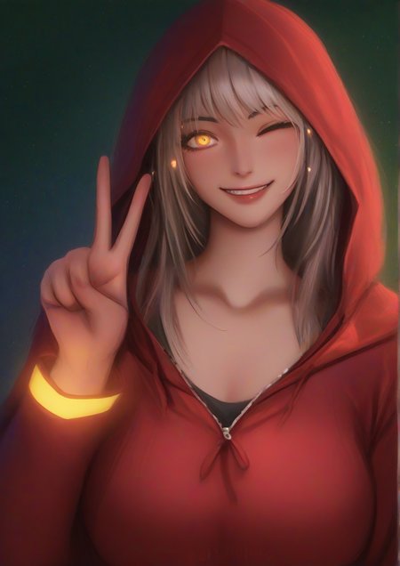 1girl, red riding hood (sinoalice), huge breast, blush, collarbone, contemporary, copyright name, dated, glowing ears, grin, hood, hood down, hoodie, jacket, long hair, long sleeves, looking at viewer, one eye closed, reality arc (sinoalice), red hoodie, signature, sketch, smile, solo, upper body, peace sign, yellow eyes, (zPDXL3:1.5)  <lora:Azuma_Yasuo_r2:1>